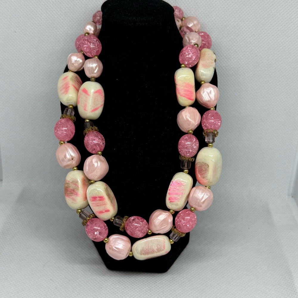 Deauville Vintage Signed Pink and White Pearlized Stone And Bead Necklace